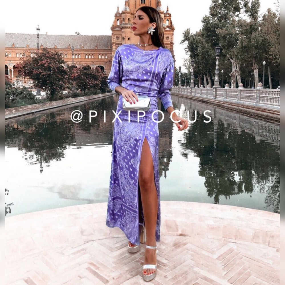 ZARA Paisley Printed Satin Midi Dress Purple